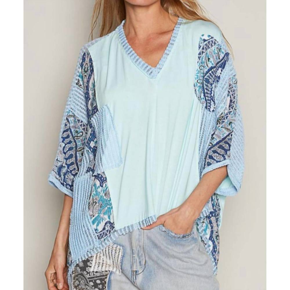 NEW POL Thank You, Next mixed media vee neck in blue